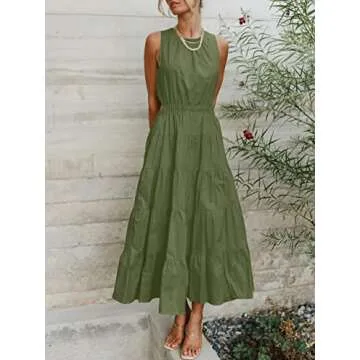 ANRABESS Womens Summer Sleeveless Cutout Maxi Dress Crewneck Tiered Flowy A-Line Sundress with Pockets