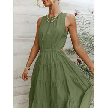 ANRABESS Womens Summer Sleeveless Cutout Maxi Dress Crewneck Tiered Flowy A-Line Sundress with Pockets