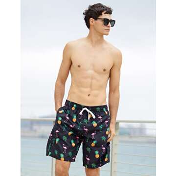 Men's Swim Trunks with Boxer Brief Liner Swimwear for Men Summer Quick Dry 2 in 1 9" Swimming Shorts Adults Bathing Suit Inner Compression Pocket Male Pineapple Flamingo Swimming Shorts XL