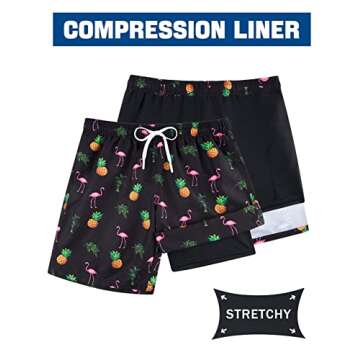 Men's Swim Trunks with Boxer Brief Liner Swimwear for Men Summer Quick Dry 2 in 1 9" Swimming Shorts Adults Bathing Suit Inner Compression Pocket Male Pineapple Flamingo Swimming Shorts XL