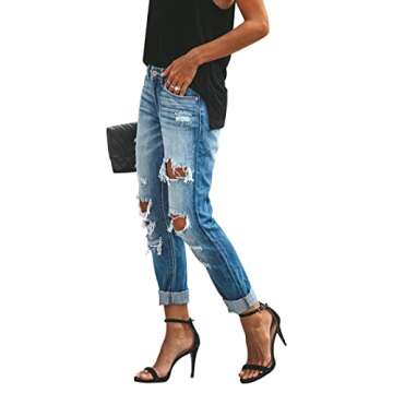KUNMI Women's Ripped Mid Waisted Boyfriend Jeans Loose Fit Distressed Stretchy Denim Pants
