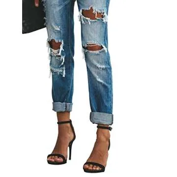 KUNMI Women's Ripped Mid Waisted Boyfriend Jeans Loose Fit Distressed Stretchy Denim Pants
