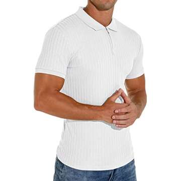 Askdeer Men's Polo Shirts Slim Fit Short Sleeve Zipper Polo T Shirt Muscle Golf Shirt Casual Classic Tee White