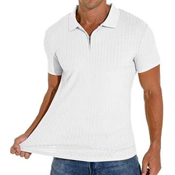 Askdeer Men's Polo Shirts Slim Fit Short Sleeve Zipper Polo T Shirt Muscle Golf Shirt Casual Classic Tee White
