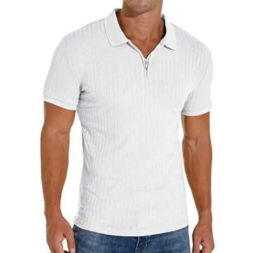 Askdeer Men's Polo Shirts Slim Fit Short Sleeve Zipper Polo T Shirt Muscle Golf Shirt Casual Classic Tee White