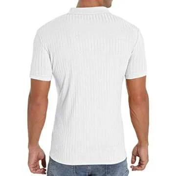 Askdeer Men's Polo Shirts Slim Fit Short Sleeve Zipper Polo T Shirt Muscle Golf Shirt Casual Classic Tee White