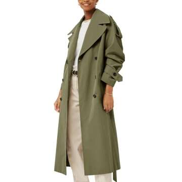 Farktop Women's Oversized Long Trench Coat with Belt and Pockets