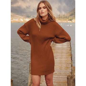 ANRABESS Women Oversized Sweater Dress Turtleneck Batwing Long Sleeve Ribbed Knit Loose 2024 Fall Winter Casual Short Dress A240jiaotang-M Caramel
