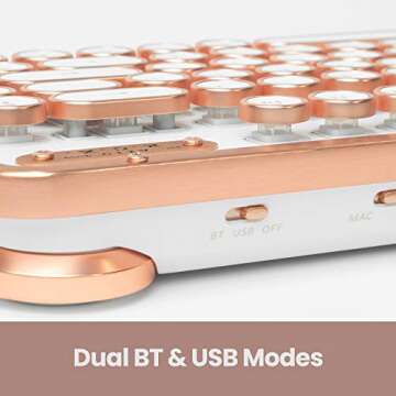 Azio Retro Compact Keyboard (Posh) - Bluetooth Wireless/USB Wired Vintage Backlit White Leather Mechanical Keyboard with Arm Rest for Mac and PC (MK-RCK-L-02-US)