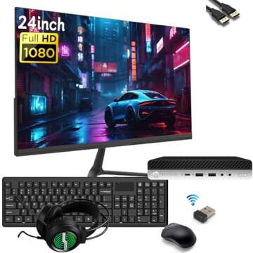 HP EliteDesk 705 G4 Mini Desktop Computer with 24" FHD Monitor, RGB Headset, AMD Ryzen 5 2400G 3.6GH...