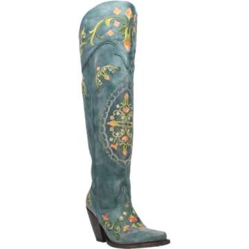 Dan Post Womens Flower Child Embroidered Snip Toe Dress Boots Over the Knee High Heel 3" & Up - Blue...