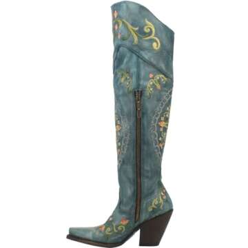 Dan Post Womens Flower Child Embroidered Snip Toe Dress Boots Over the Knee High Heel 3" & Up - Blue - Size 8.5 M