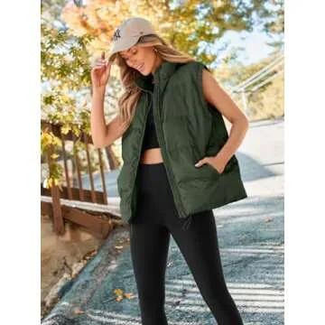 AUTOMET Puffer Vest Women Sleeveless Zip Up Outerwear Warm Puffer Lightweight Down with Pocket Fall Winter Jackets Coats 2024 Armygreen L