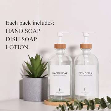Onsogi 16 Oz Clear Glass Soap Dispenser with Bamboo Tray, Hand Soap Dispenser | Dish Soap Dispenser for Bathroom Set Accessories, Kitchen Counter Farmhouse Boho Decor and Organization - 2 Pack