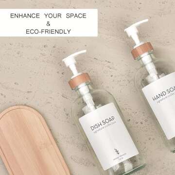 Onsogi 16 Oz Clear Glass Soap Dispenser with Bamboo Tray, Hand Soap Dispenser | Dish Soap Dispenser for Bathroom Set Accessories, Kitchen Counter Farmhouse Boho Decor and Organization - 2 Pack