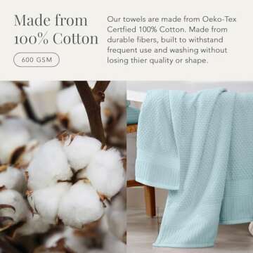 NY Loft 100% Cotton Bath Towels 4 Pack | Super Soft & Absorbent Quick-Dry Bath Towels 30" x 52" | Textured and Durable Cotton | Trinity Collection (4 Pack Bath Towel, Seafoam)