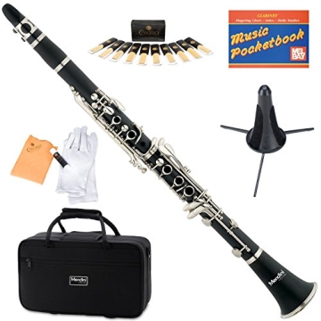 Mendini MCT-E+SD+PB Black Ebonite ABS B Flat Clarinet with Case, Stand, Pocketbook, Mouthpiece, 10 R...