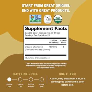 FGO Organic Chamomile Tea, 100 Eco-Conscious Tea Bags, Caffeine Free, Resealable Bag, Packaging May Vary (Pack of 1)