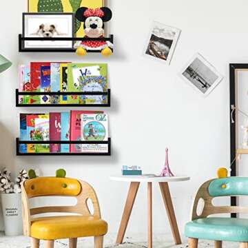 AZSKY Classic Nursery Book Shelves Black Wooden Floating Shelves Wall Bookshelf for Bathroom Decor K...