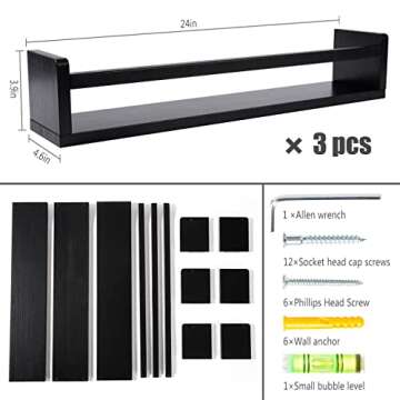AZSKY Classic Nursery Book Shelves Black Wooden Floating Shelves Wall Bookshelf for Bathroom Decor Kitchen Spice Rack Organizer Kids Room 24 Inch Set of 3