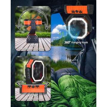 ADUST Camping Fan Battery Operated Powered Fan with LED Lantern Light 20000mAh Rechargeable Portable Fan, Oscillating Fan with 360° Rotation Hanging Hook for Tents, Cordless USB Desk Fan(Orange)
