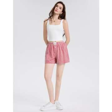 LOMON Womens Boxer Shorts Casual Summer Cotton Pajama Lounge Sleep Pj Gingham Plaid Shorts Y2K Beach Bottoms (Red White Plaid S)