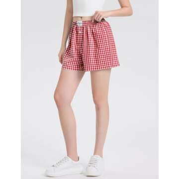 LOMON Womens Boxer Shorts Casual Summer Cotton Pajama Lounge Sleep Pj Gingham Plaid Shorts Y2K Beach Bottoms (Red White Plaid S)