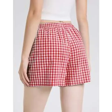 LOMON Womens Boxer Shorts Casual Summer Cotton Pajama Lounge Sleep Pj Gingham Plaid Shorts Y2K Beach Bottoms (Red White Plaid S)