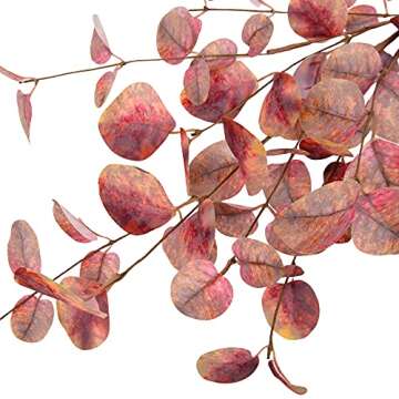 VGIA 6 Pcs Artificial Eucalyptus Stems Fall Leaf Spray in Burgundy Red Silk Eucalyptus Leaves Fall Decorations Artificial Plants for Floral Arrangement