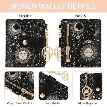 Jogjam Sun and Moon Rfid Women Wallet, Small Slim Thin Credit Card Wallet, PU Leather Bifold Cash Zipper Coin Pocket ID Window for Female Ladies Teen Girls Girly