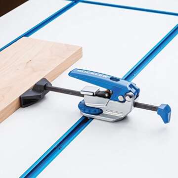 Auto-Lock T Track Clamp – Adjustable Clamps for Woodworking w/Set Screw - T Tracks Woodworking Clamps Ideal for Miters, Irregularly Shaped Objects – Aluminum Body, Steel Push Rod T-Track Stop, Clamp