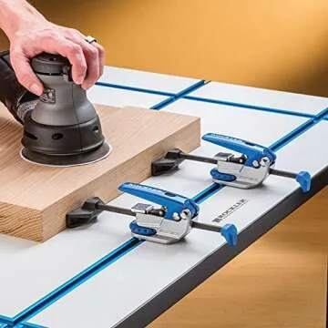 Auto-Lock T Track Clamp – Adjustable Clamps for Woodworking w/Set Screw - T Tracks Woodworking Clamps Ideal for Miters, Irregularly Shaped Objects – Aluminum Body, Steel Push Rod T-Track Stop, Clamp