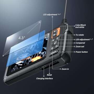 Endoscope Camera with Light, Inspection Borescope Camera with 4.3" IPS Screen, 1920P HD with 8 LED L...