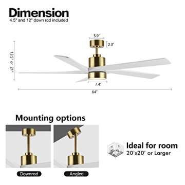 WINGBO 64 Inch DC Ceiling Fan with Lights and Remote Control, 5 Reversible Carved Wood Blades, 6-Speed Noiseless DC Motor, Modern Ceiling Fan in Brass Finish with White Blades, ETL Listed
