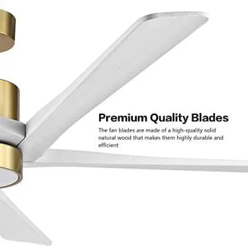 WINGBO 64 Inch DC Ceiling Fan with Lights and Remote Control, 5 Reversible Carved Wood Blades, 6-Speed Noiseless DC Motor, Modern Ceiling Fan in Brass Finish with White Blades, ETL Listed