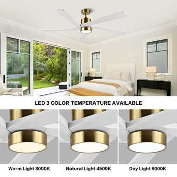 WINGBO 64 Inch DC Ceiling Fan with Lights and Remote Control, 5 Reversible Carved Wood Blades, 6-Speed Noiseless DC Motor, Modern Ceiling Fan in Brass Finish with White Blades, ETL Listed