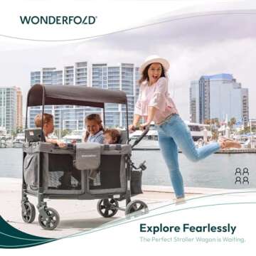 WONDERFOLD W4 Original Stroller Wagon - Collapsible 4 Seater with Safety Harnesses, Canopy