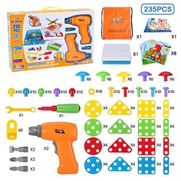 Haifeng Drill Set Building Blocks, STEM Toys for 3 4 5 6 Year Old, 235 Pieces Double Toy Drill and Screwdriver Tool Building Toys Kit, Creative Mosaic Drill Set