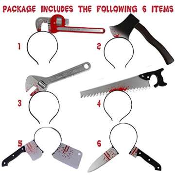 Quejowy 6PCS Halloween Costume Scary Weapon Headbands, Horror Photo Props Rubber Plastic Knife Axe Cleaver Scissor Headbands Through Head Zombie Accessories Makeup