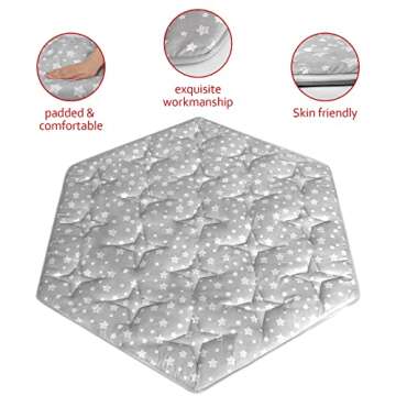Hexagon Playpen Mat Compatible with POP 'N GO Baby Playpen, 59 Inch Hexagon Mattress Pad, Non Slip and Cushion Play Mat Grey with Star Print