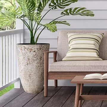 Worth 9 Gallon Tall Round Planters Set of 2-14" Dia x 21" H Stone Finish Flower Pots Indoor Decorative Container Garden Patio Unbreakable Beige