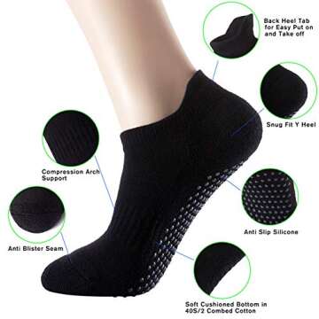 Women's 6-Pack Black Cushioned Anti Slip Grips Piyo Barre Pilate Ballet Low Cut Ankle Yoga Socks