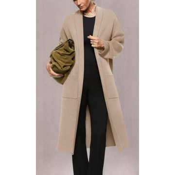 Womens Long Sleeve Maxi Cardigan Open Front Oversized Knitted Sweater Coat Casual Lapel Warm Overcoat with Pockets Beige