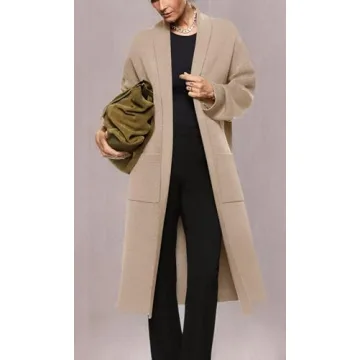 Womens Long Sleeve Maxi Cardigan Open Front Oversized Knitted Sweater Coat Casual Lapel Warm Overcoat with Pockets Beige
