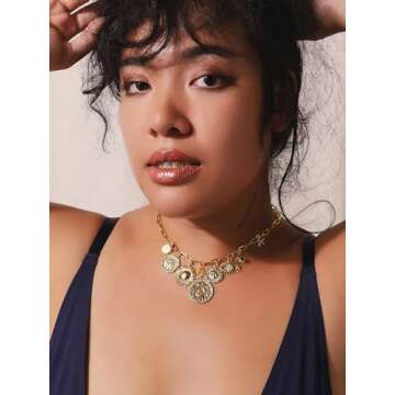 MINACHI Multi Charm Chain Necklace, Evil Eye Sun Star Charm, Retro Ethnic Chunky Necklace Jewelry fo...