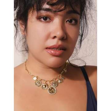 MINACHI Multi Charm Chain Necklace, Evil Eye Sun Star Charm, Retro Ethnic Chunky Necklace Jewelry for Women