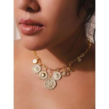 MINACHI Multi Charm Chain Necklace, Evil Eye Sun Star Charm, Retro Ethnic Chunky Necklace Jewelry for Women