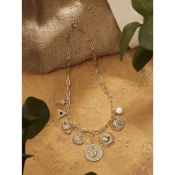 MINACHI Multi Charm Chain Necklace, Evil Eye Sun Star Charm, Retro Ethnic Chunky Necklace Jewelry for Women