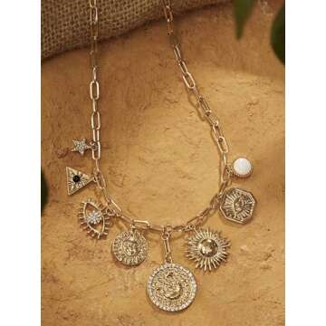 MINACHI Multi Charm Chain Necklace, Evil Eye Sun Star Charm, Retro Ethnic Chunky Necklace Jewelry for Women