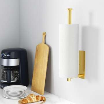 Paper Towel Holder - Self-Adhesive or Drilling, Gold, Wall Mounted, SUS304 Stainless Steel Kitchen R...